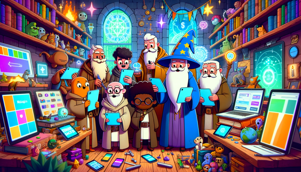 "A colorful and whimsical ultrawide cartoon image featuring a diverse group of wizards, including a brown wizard, using tablets and digital marketing tools in a magical lab setting that combines traditional wizardry with modern technology.