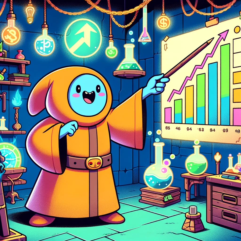 A whimsical digital marketing fantasy alchemist in the style of 'Adventure Time,' dressed in alchemical robes, playfully points to an upward-trending chart in a vibrant magical laboratory filled with digital marketing tools.